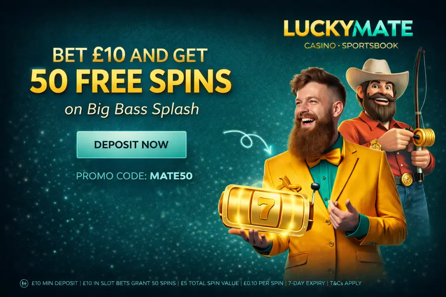 LuckyMate Casino — Bet £10 Get 50 Free Spins No Wagering